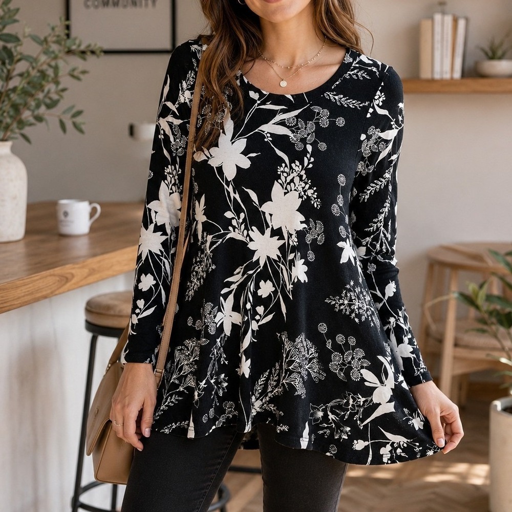 POPYOUNG Womens Large Black White Floral Long Sleeve Tunic Flare Swing Top Rayon